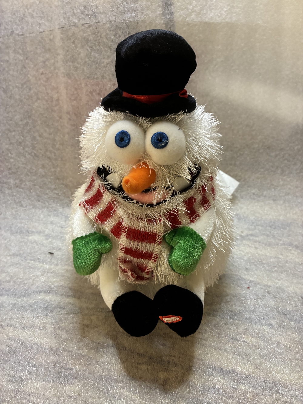 Gemmy White Fuzzy Snowman Plush with Black Hat, Green Mittens, Red Scarf